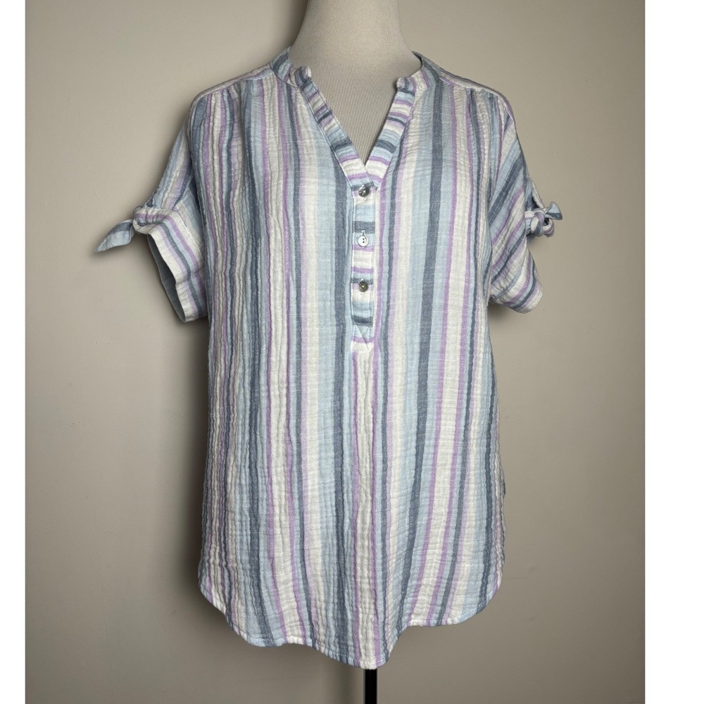 Ruby‎ Rd Womens Cotton Gauze Striped Henley Top Medium Coastal Beachy Casual